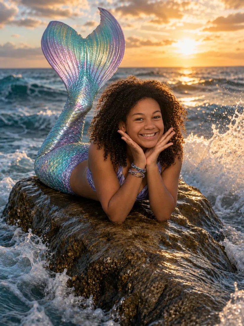 Little mermaid at golden hour by the sea